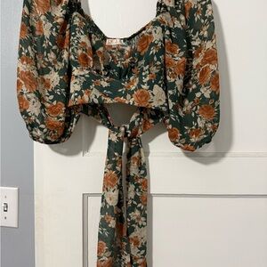 Blush Green and Orange Puff Sleeve Crop Blouse